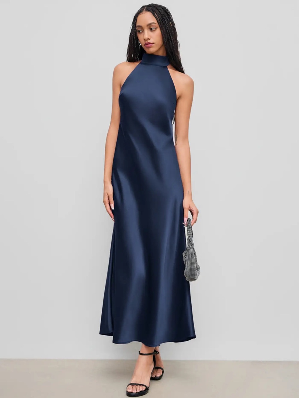 CIDER XXS $48msrp NAVY SATIN HALTER DRESS